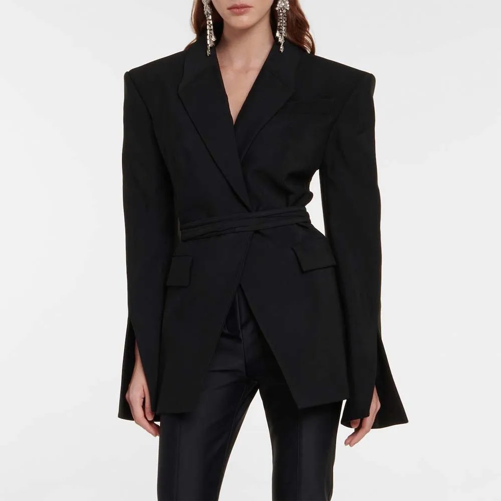 Luxury Blazer for Women Designers Black Notched Collar Full Sleeve Sashes Backless Elegant Birthday Party Dinner High Quality