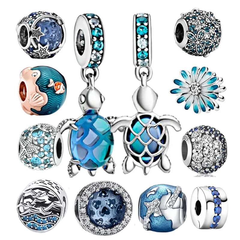 

2021 New Ocean Blue Sea Turtle Dangle Bead fit Original Pandora Charms Silver 925 Bracelet DIY Women Jewelry summer Collection