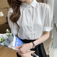 summer korean fashion chiffon polo neck shirt women blouse puff sleeve elegant office lady tops short sleeve camisa 680e