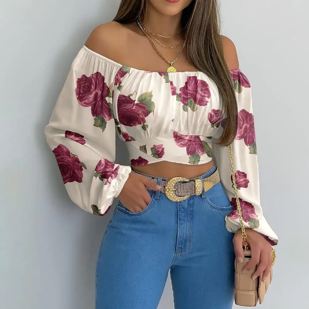 

Women Top Sexy Off Shoulder Strapless Long Sleeves Elegant Women Top Butterflies Rose Flower Print Ladies Shirt Blouse