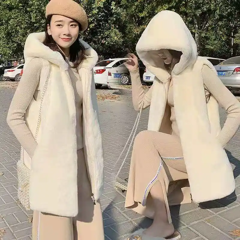 Faux Fur Vest Winter Coat Women Hooded Fur Waistcoat Warm Jackets Sleeveless Cardigan Korean Fashion