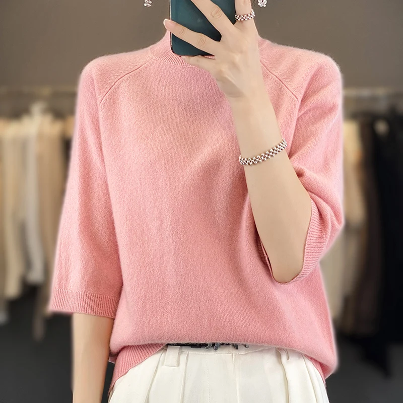 Лидер продаж Женский пуловер с полувысоким воротником свитер однотонный вязаный