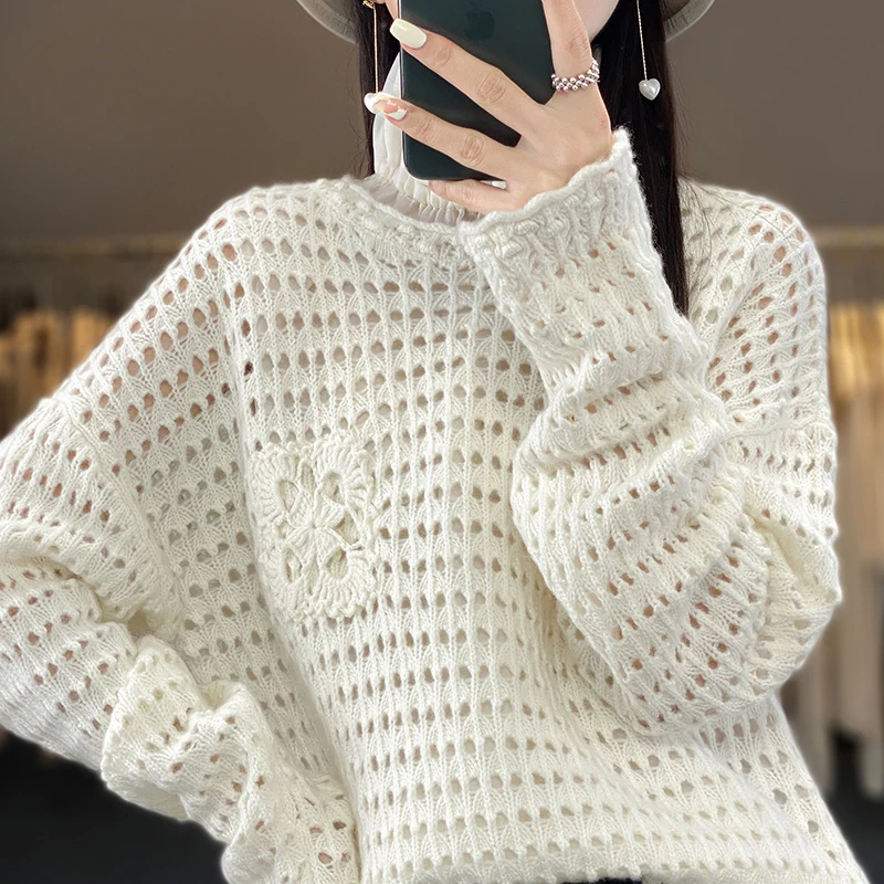 Round Necked Hollowed Out Women's Shoulder Bown Sweater Loose and Lazy Style Sweater 2023 Spring New Style 100% Pure Wool Top