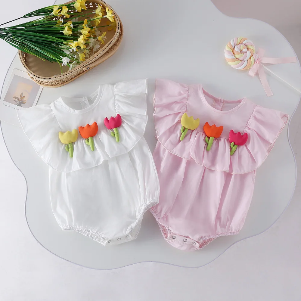 Girls' baby one-piece girls' small flower design sleeveless ruffle lovely dress one-piece summer suit baby clothes 0-2 years old