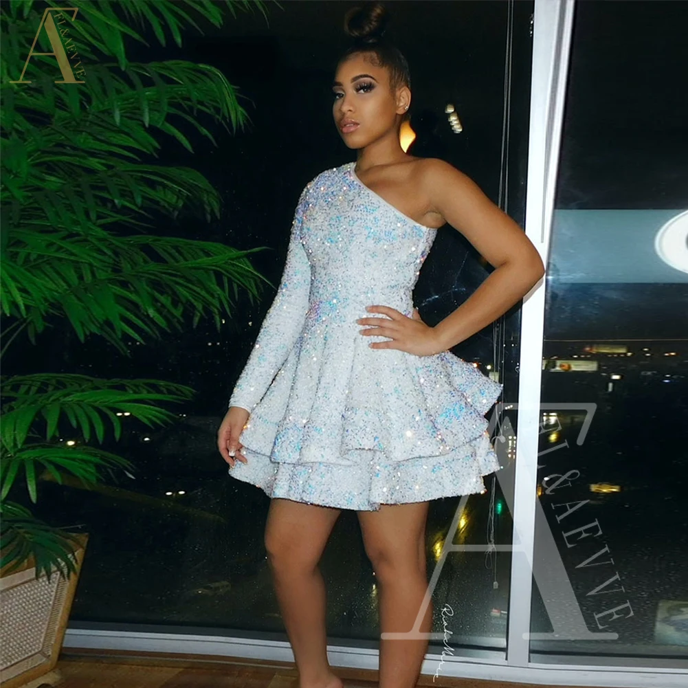 

Белое платье с блестками, платье на одно плечо для выпускного вечера для женщин, вечерние платья, Короткое бальное платье, новинка, платья, элегантные платья