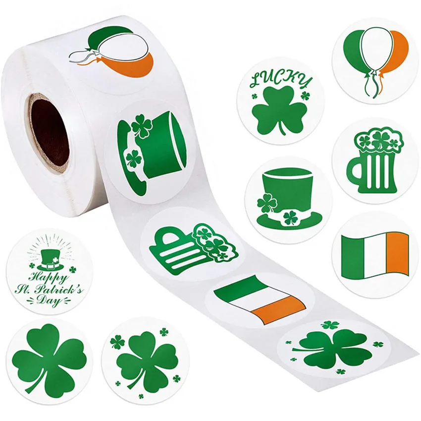 

500Pcs Happy Saint Patrick's Day Paper Stickers Label Clover Garland Bolloon Sticker For Irish St. Patrick's Day Party Decor
