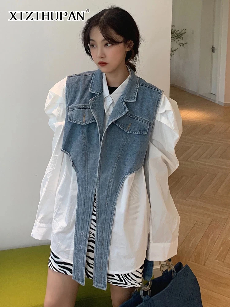 

XIZIHUPAN Korean Casual Denim Coat For Women Lapel Collar Sleeveless Patchwork Pockets Slimming Coats Female 2022 Spring Fashion