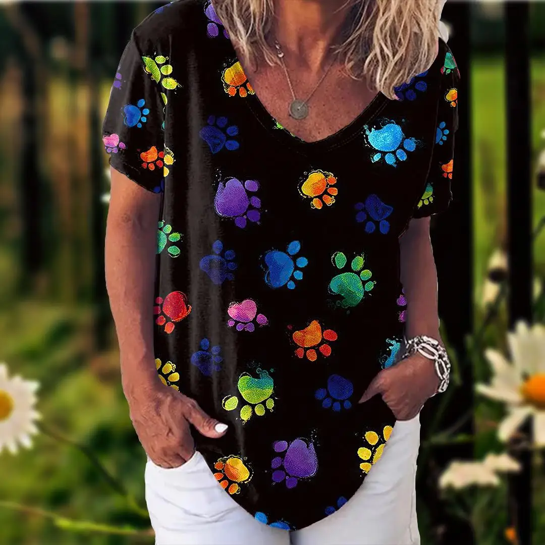 

Summer New Women's Fashion Age Reduction Small Animal Paw Print Casual Versatile Short Sleeve Fashion Corset Pullover T-shirt