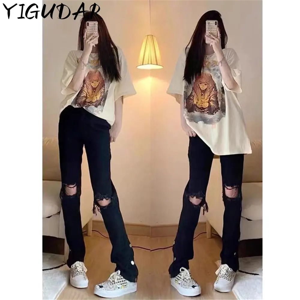 

Y2K Women High Street Streetwear Harajuku Grey Black Ripped Jeans Denim Pants High Waist Straight Trousers Gothic Alt Clothes
