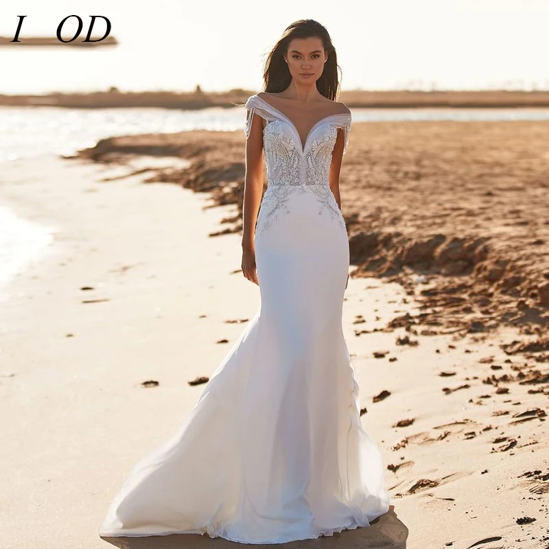 

I OD Elegant A Line Wedding Dresses 2023 Classic Off The Shoulder Embroidery Applique Covered Button Satin Vestidos De Novia