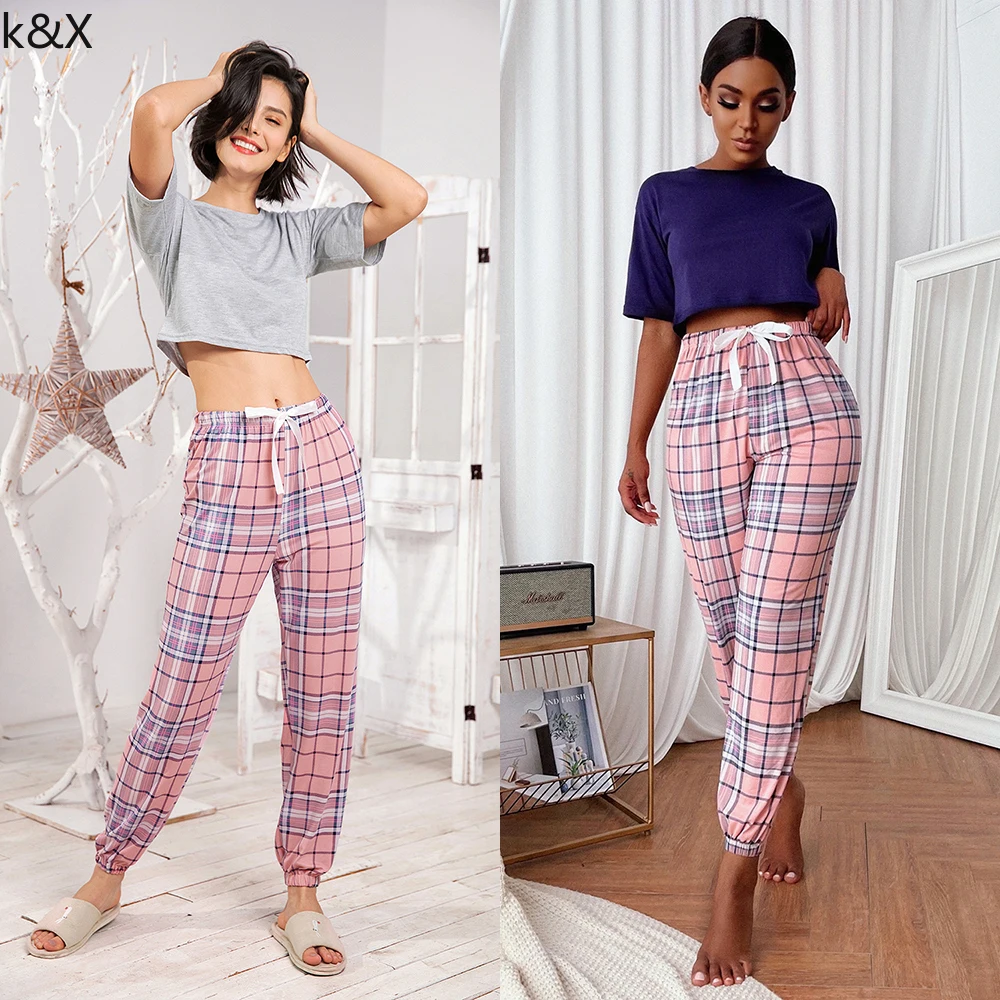 

Woman Pijama Set 2 Piece Summer Plaid Pijamas Women Knit Nightdress Night Wear Suit Combo Set Pajama Crop Top and Pj Sets
