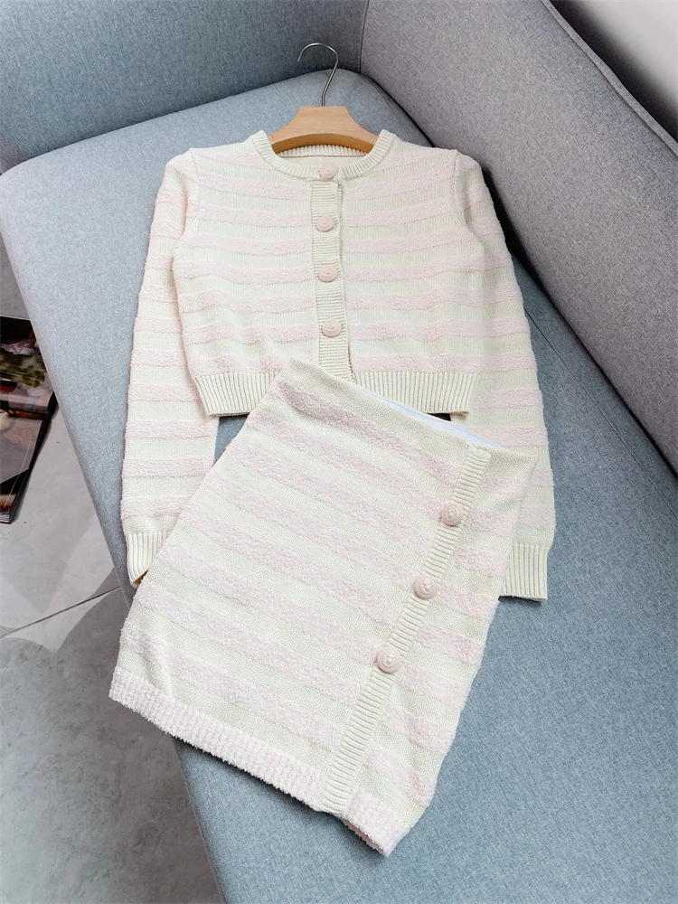 Pink Striped Knitted Skirt Suit 2022 Autumn New Fashion Striped Cardigan + High Waist Hip Skirt Suit Female