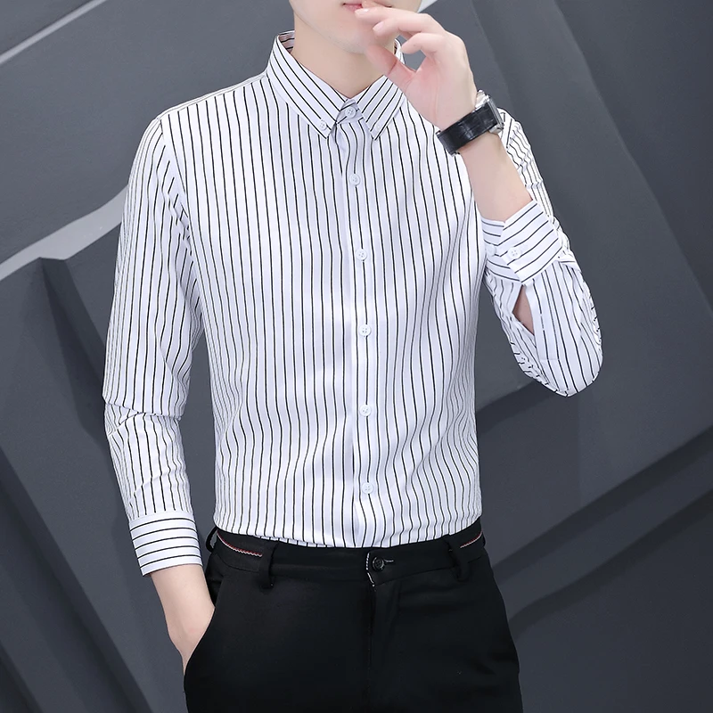 

Senior Shirt Men's Stretch Anti-wrinkle Ice Fabric Light Luxury Stripe Slim Slim Collar Teen Business Casual Shirt 3XL 4XL
