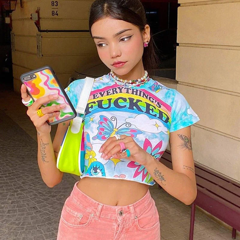 

New Fashion Design Female Summer Clothes Women Crop Top Y2k Streetwear Skinny Short Sleeve T-shirts Sexy Expose Navel Tops Tees
