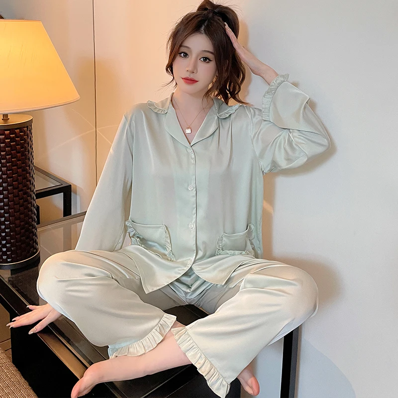 FUNISHI Women's Pajamas Silk Sexy Sleepwear Cartoon Princess Style Plus Size Lapel Loose Version Pajama Set