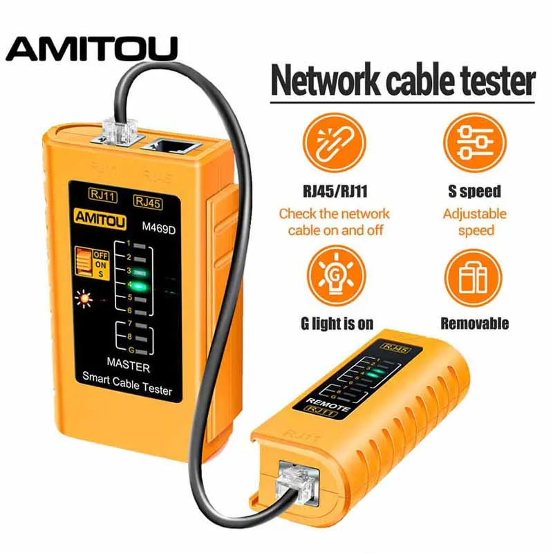 AMITOU M469D RJ45 Cable Lan Tester Network Cable Tester RJ45 RJ11 RJ12 CAT5 UTP LAN Cable Tester Network Repair Electrician Tool