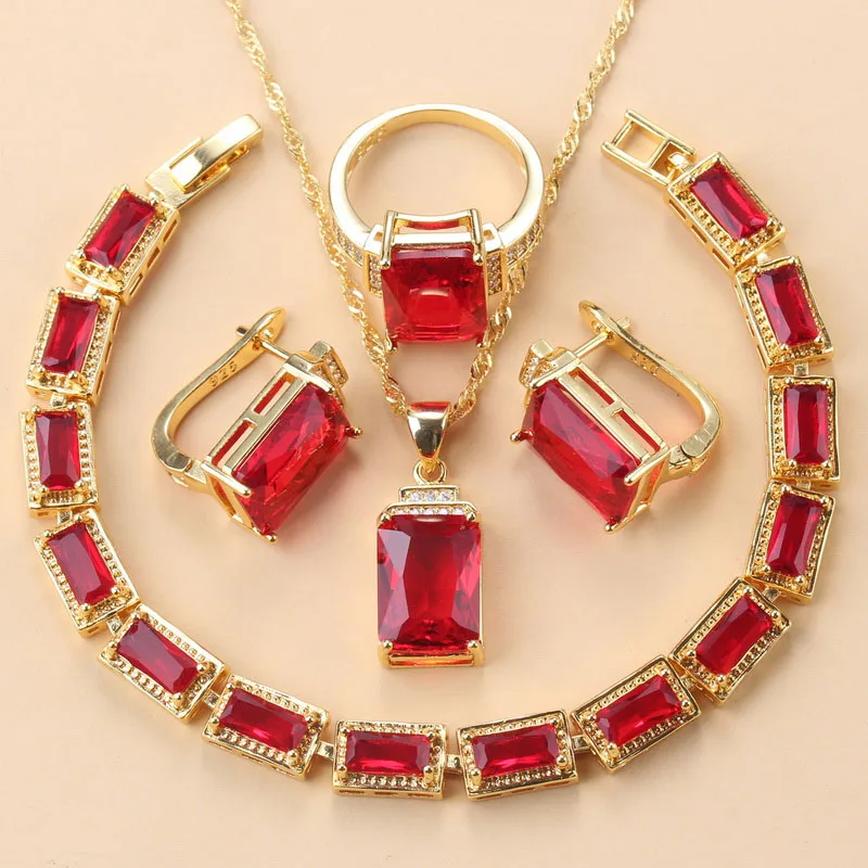 Nigeria Bridal Wedding Costume Red Stone Hoop Earrings And Necklace Gold Color African Jewelry Sets For Women Rings Sets