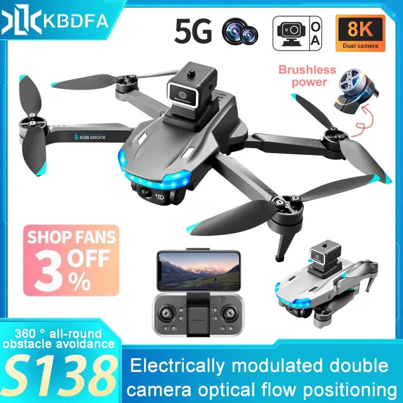 

KBDFA New S138 Drone 4K Dual Camera Obstacle Avoidance RC Quadcopter Optical Flow Positioning Brushless Dron Helicopter Toy Gift