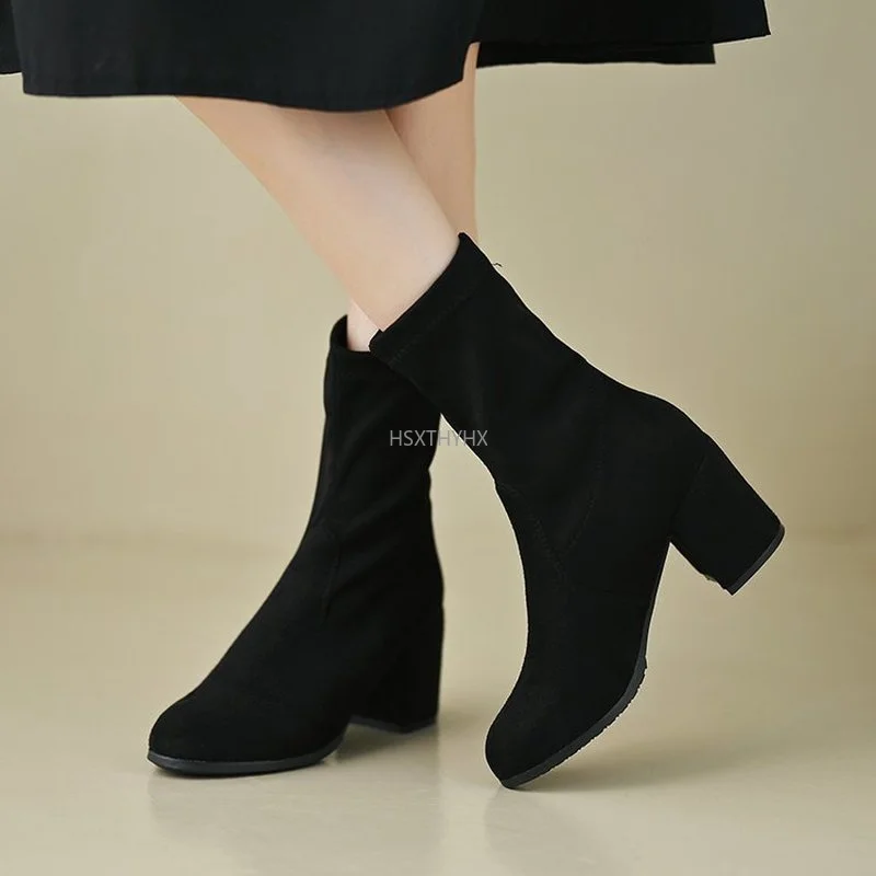 

2022 Black Brown Girls' Ankle Boots Women Winter Shoes Heeled High Heels Pointed Toe Chelsea Warm Short Booties Ladies
