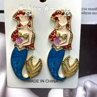 personality woman character earrings creative cartoon cute colored rhinestone mermaid earrings