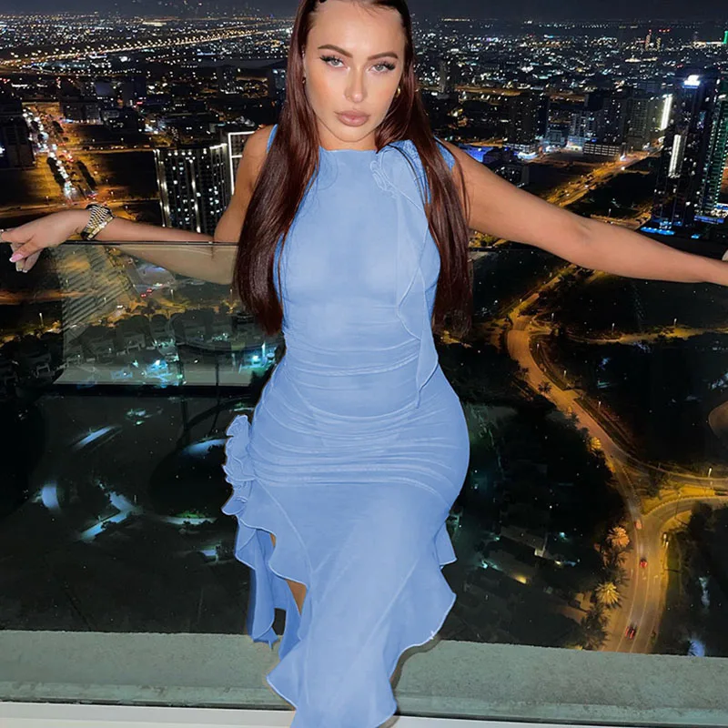 

3D Flower Appliques Ruffle Fringed Asymmetric Mini Dress Mesh See Through Sleevelss Dress Sexy Beach Streetwaear With Ribbons