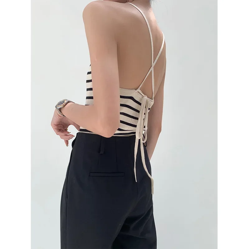 2024 весна-лето новый стиль разумная модная майка женская полосатая с открытой