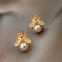 korean imitation pearl honey bee stud earrings for women temperament versatile cute animal bee flower asymmetric earring jewelry