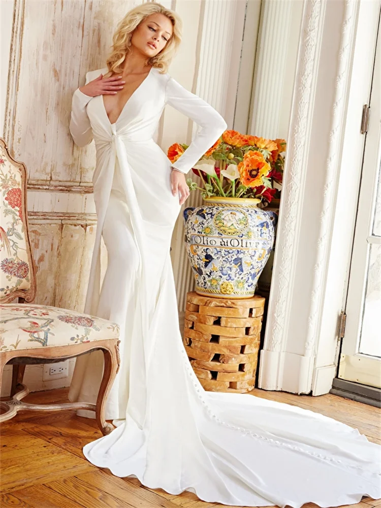 

Mermaid/Trumpet Wedding Dresses Floor Length White Dresses Long Sleeve Deep V Neck Sweep Train Back Button Chiffon With Lace Up