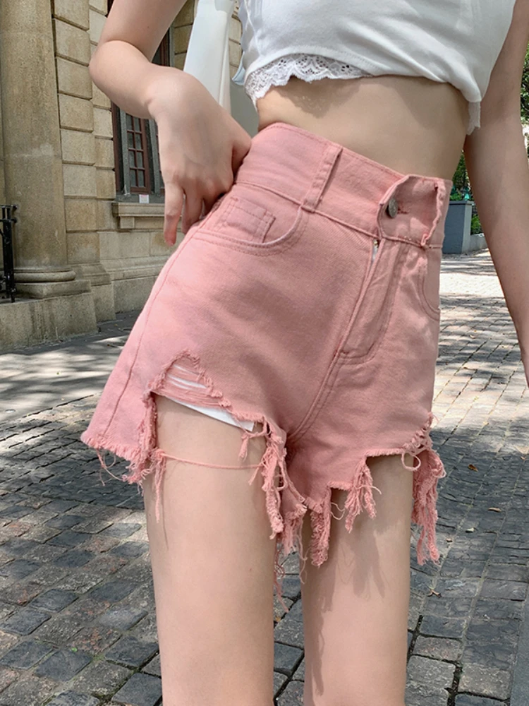 New Summer Women Fashion Holes Wide Leg Sexy Denim Shorts Lady Casual High Waist Pockets Solid Color Pink Jean Shorts