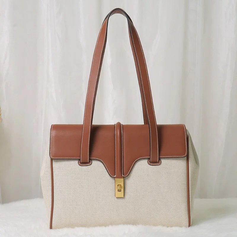 

Desigher Cowhide Leather + Cavans Large Tote Bag For Women Luxury Shoulder Bag Ladies Hand Bags Girl's Exquisite Bag
