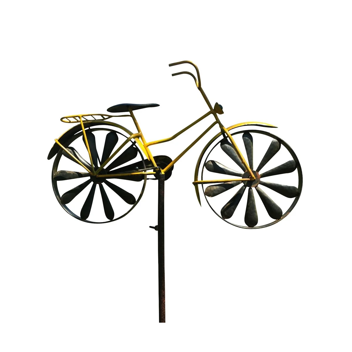 

Yellow Bike Garden Spinner, Vintage Style Stake Decoration, Rustic Yellow with Antiqued