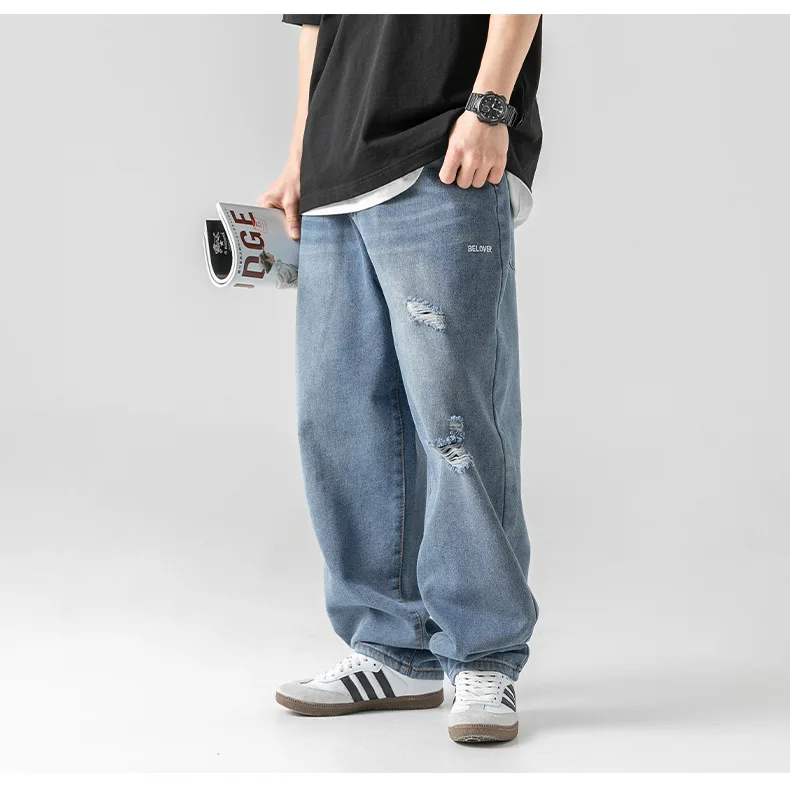 Yasuk All Season Solid Casual Men's Button Waist All-Match Cool Moustache Effect Loose Straight Pants Embroidered Washed Jeans