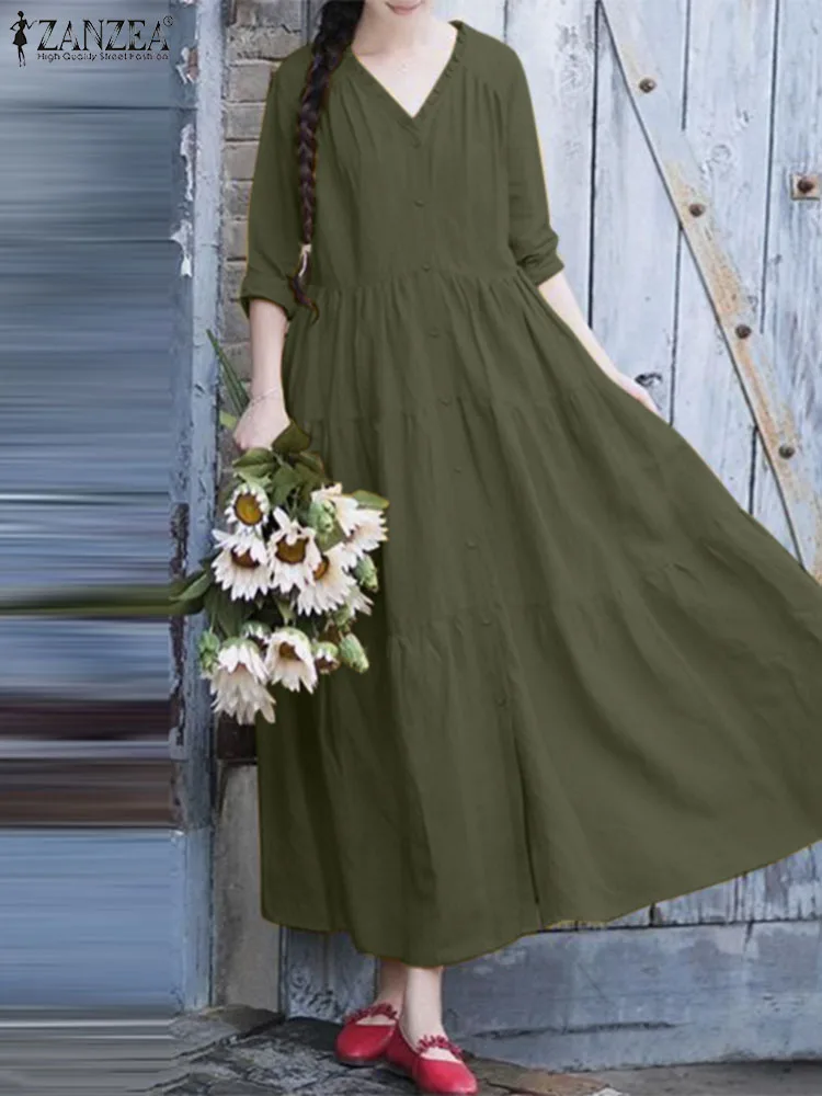 

ZANZEA Spring Women Vintage Ruffles Loose Casual Vestidos V Neck Long Sleeve Maxi Dress Solid Holiday Sundress Kaftan Oversize