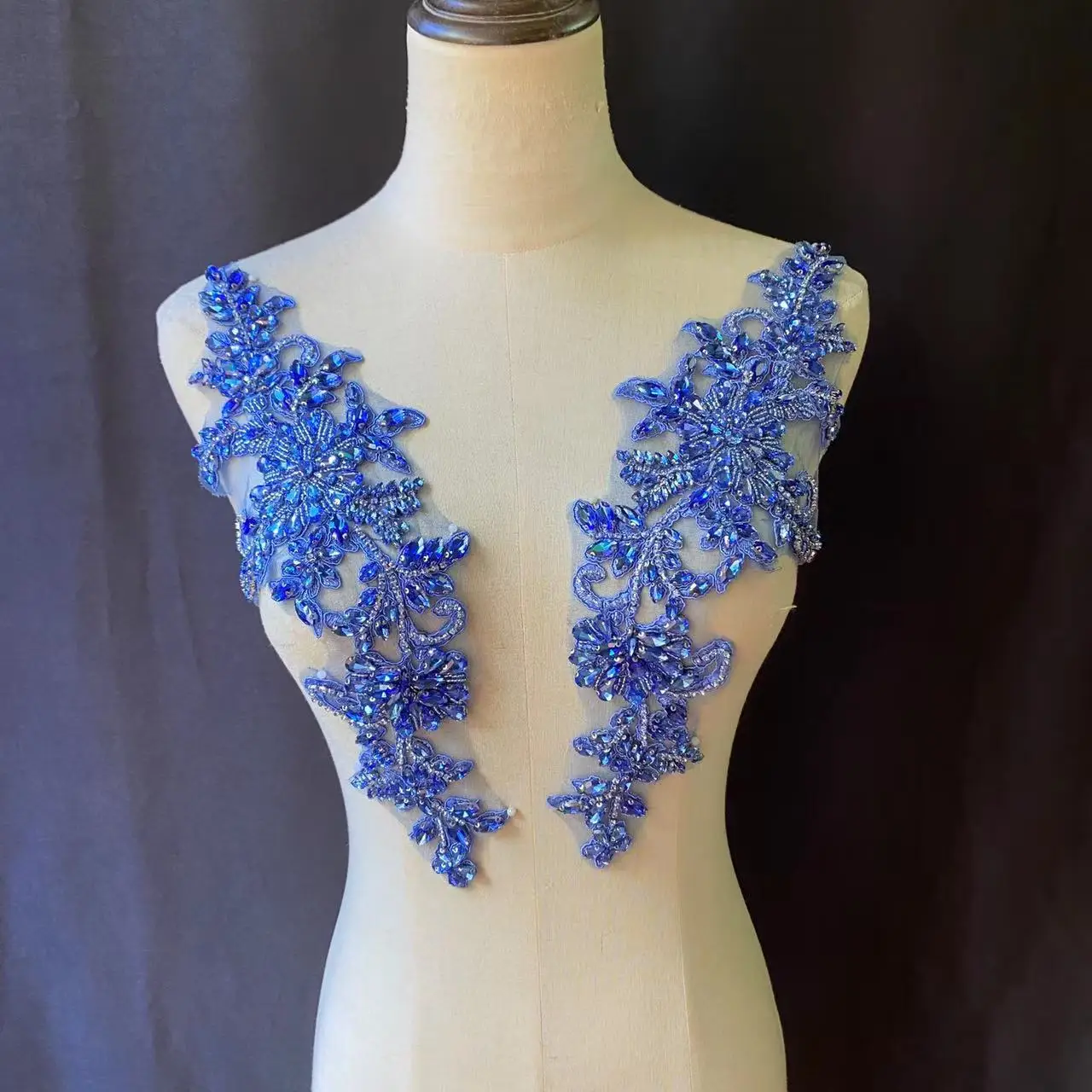 3D Blue Shinning Crystal Bead Applique Rhinestone Patch for Clothing,Coat Sewing,Dance Costume,Diamond Wedding Dress
