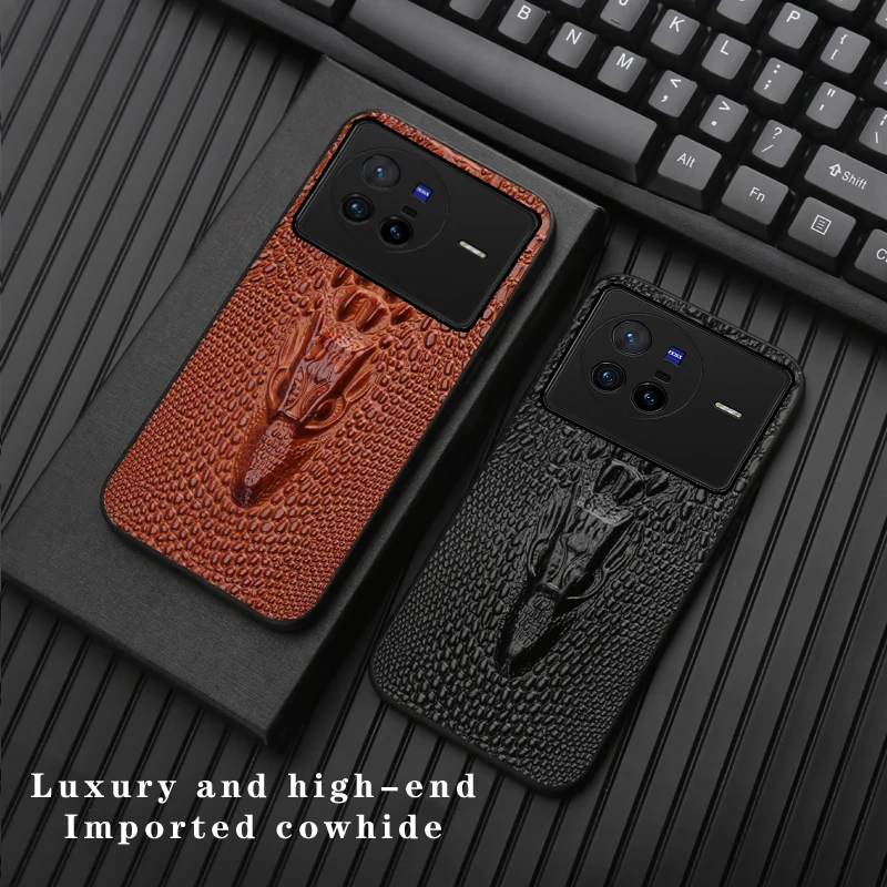 

Genuine leather cowhide phone case For VIVO X80 X70 X60 X50 pro s15e crocodile head mobile phone back cover for vivo80 pro
