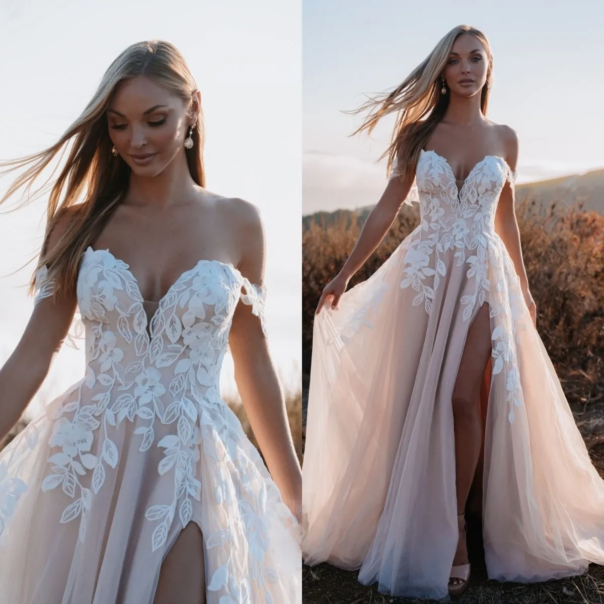 

Женское свадебное платье цвета шампанского, ТРАПЕЦИЕВИДНОЕ ПЛАТЬЕ с открытыми плечами и высоким разрезом на спине