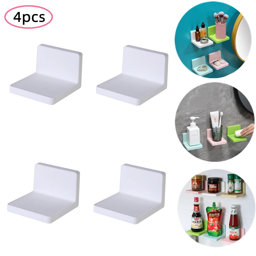

4PCS Multifunction Wall Mounted Storage Rack Adhesive DIY Soap Sponge Holder Kitchen Bathroom Shelves For Remote Control Key