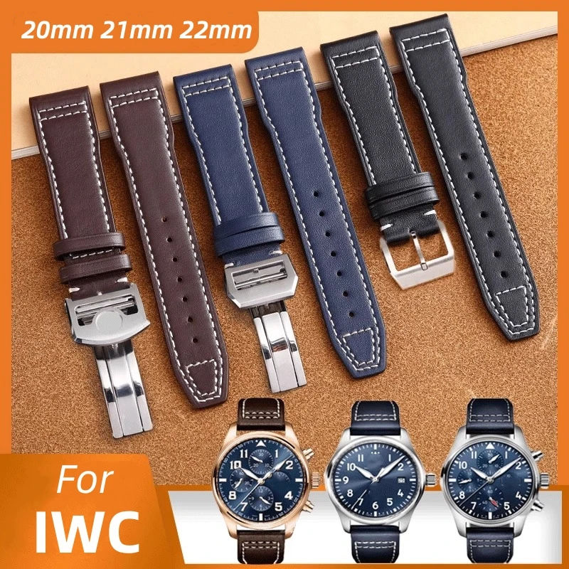 Фото Кожаный ремешок для часов 20 мм, 21 мм, 22 мм для IWC Portofino Portugue, автоматическая серия Pilot Mark, ремешок из воловьей кожи, аксессуары с складной пряжкой №1