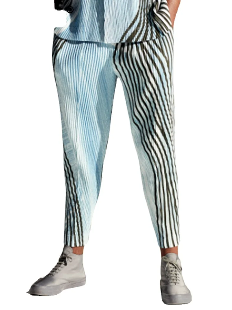Miyake Pleated Men Pants 2022 Autumn Slim Fit Versatile Handsome Striped Printed Leggings Contrast Color Temperament Pants Men