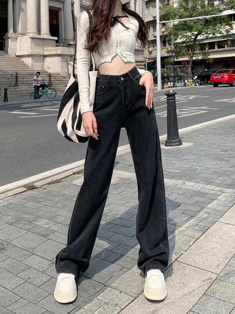 

Женские джинсы с широкими штанинами, черные длинные брюки с высокой талией, винтажные мешковатые брюки в уличном стиле, новинка 2023