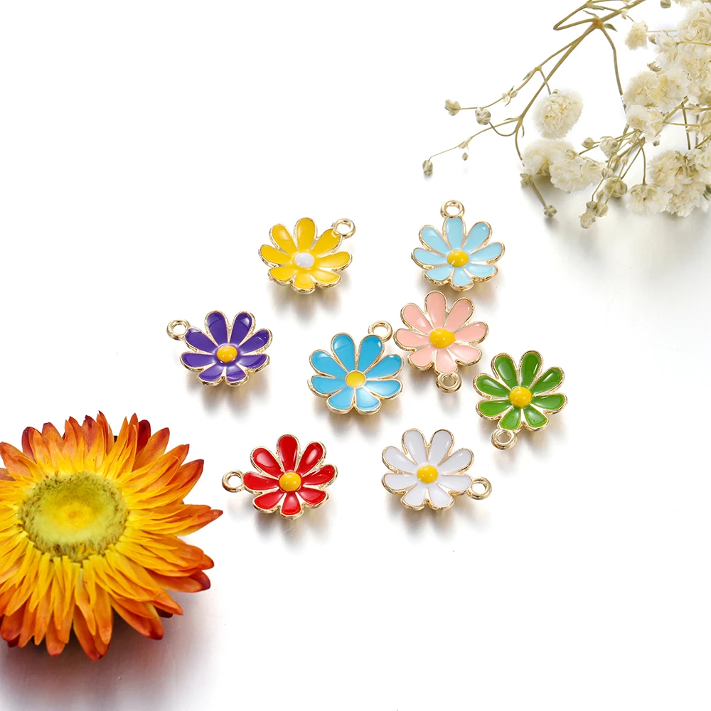 10Pcs/Lot Colorful Alloy Metal Drop Oil Daisies Charm Flower Plant Pendant for DIY Bracelet Necklace Jewelry Making Accessories