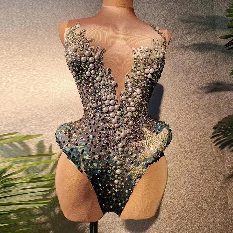 

Эластичное жемчужное боди для ночного клуба танцевальный сценический костюм танцевальная одежда Gogo полный комбинезон Стразы комбинезон Drag Queen одежда VDB6346