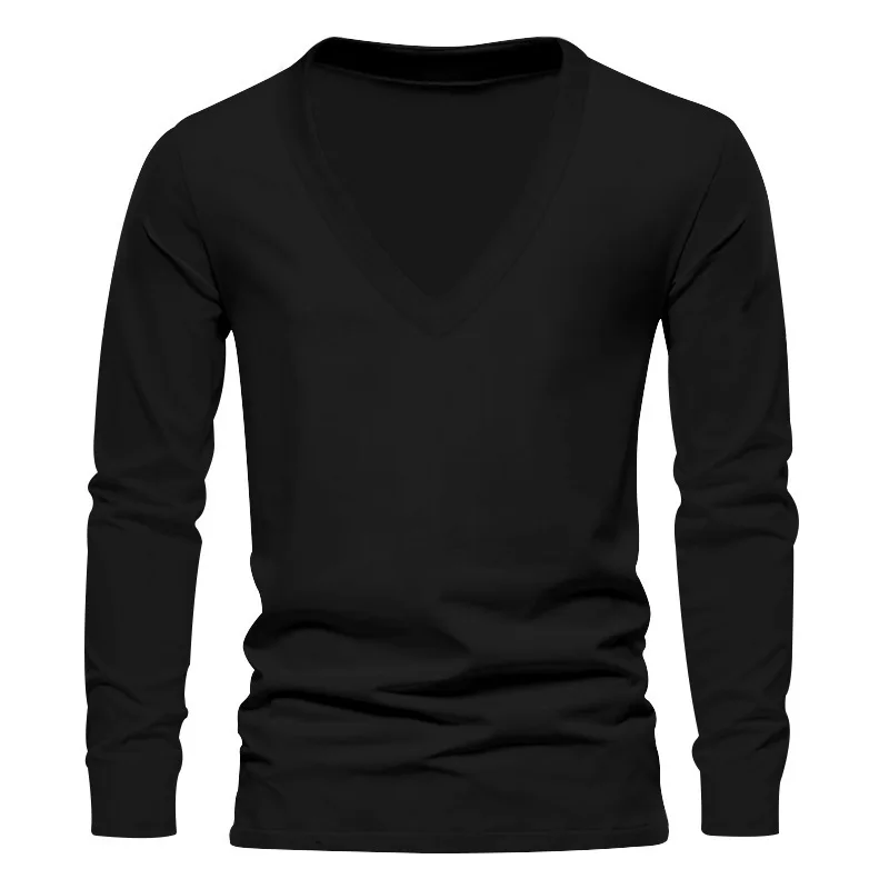 

2023 Europe and America Large Size Autumn Fashion New T-shirt Youth Men's Casual Long Sleeve Basecoat V-neck T-shirt