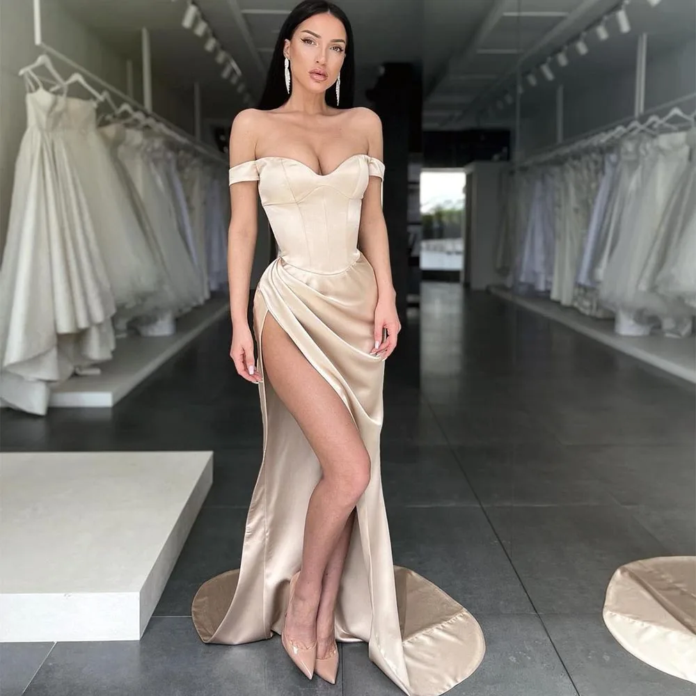 

2023 High Side Split Satin Mermaid Prom Off The Shoulder Pleat Ruched Evening Dresses Wedding Party Gowns Vestidos De Fiesta