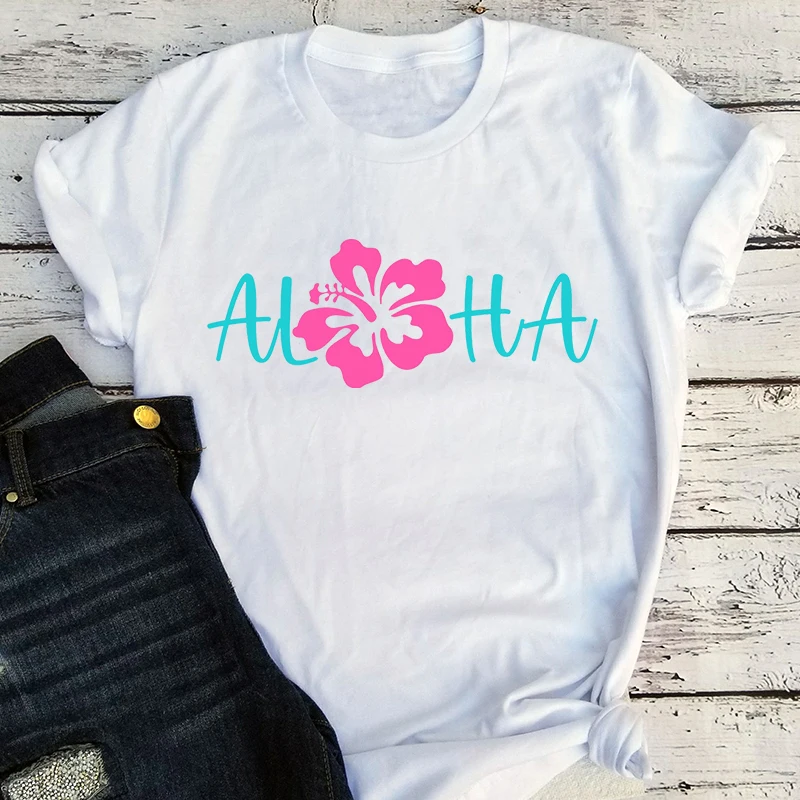 

Aloha Flower Tshirt Kawaii Family Women Clothing Aloha Flower Shirts Vacation Beach T-shirts for Women Beach Style Top m