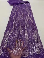 purple high quality african handmade beaded lace fabirc 2022 sewing embroidery nigreian lace fabric women wedding dress