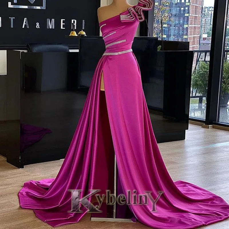 

Kybeliny Fuchsia Slit Evening Dresses One-Shoulder Ruffles Prom Robe De Soiree Graduation Celebrity Vestidos Fiesta Women Formal