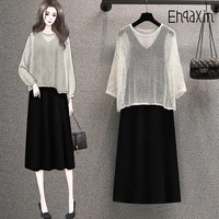 ehqaxin casual ladies dress set spring summer fashion loosehollow outer blouse elegant black sling dress two piece set m 4xl