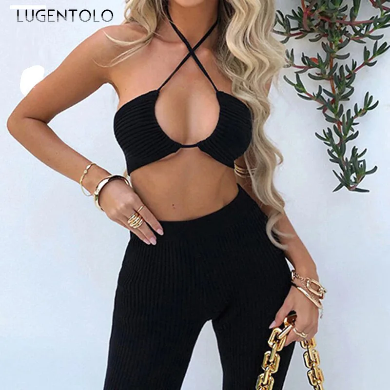 

Women Sexy Temperament Suspenders High Waist Slim Fit Flared Pants Set Summer Lady Solid Casual Fashion Hollow Out Pants Sets