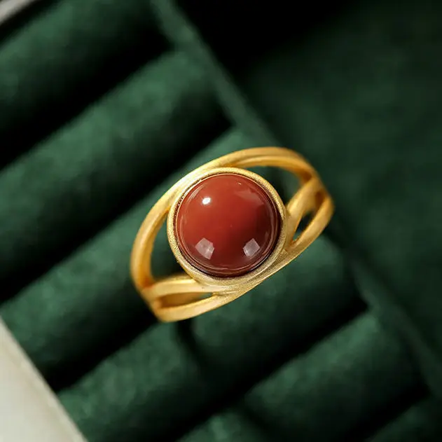 

S925 Sterling Silver Gilding Inlaid Southern Red Agate Ring Oval Agate Ring Women's Open Ring Hand Jewelry